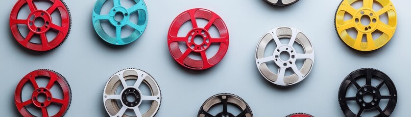 Obraz premium Symmetrical pattern of old-fashioned film reels on a soft grey background, minimal retro cinema aesthetic