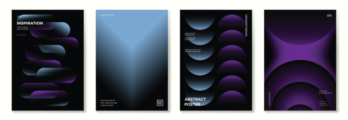 Modern gradient poster background vector set. Minimalist cover template with vibrant perspective geometric prism shapes in motion. Ideal design for social media, cover, banner, flyer.