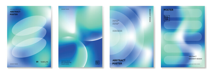 Modern gradient poster background vector set. Minimalist cover template with green and blue perspective geometric prism shapes in motion. Ideal design for social media, banner, spring season card.