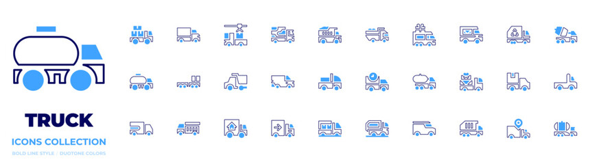 Truck icon collection Bold line style Duotone colors. Vector, Frame, delivery truck, tow truck, truck, dumper truck, oil truck, dump truck, gift, van