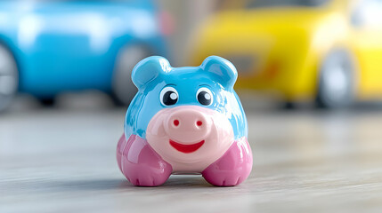 Piggy bank savings, cars background, childhood finance