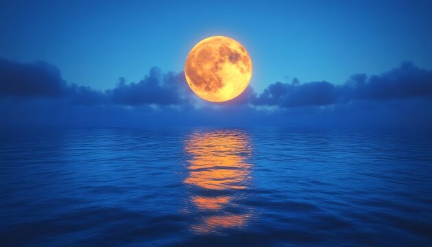 Orange moon over calm ocean at night