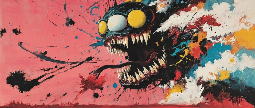 A fearsome monster with enormous teeth screams and appears to attack, rendered in an abstract style.