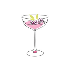 A stylized line drawing of a Cherry Martini Blossom, showcasing its pink color palette, delicate cherry garnish, and the allure of a chic cocktail experience.