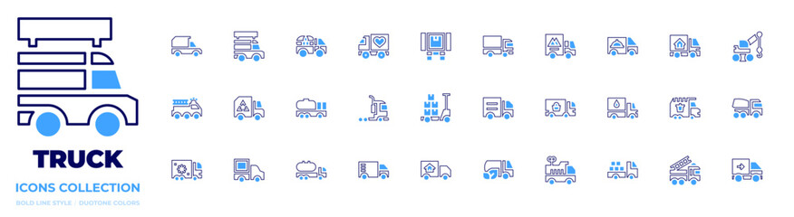 Truck icon collection Bold line style Duotone colors. Vector, Frame, truck, toy truck, loaded truck, moving truck, fire truck, garbage truck