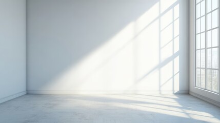 Fototapeta premium Bright Sunlight Filters Through Large Windows, Casting Shadows on the Polished Wooden Floor in an Empty Room Created for New Possibilities