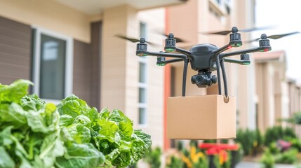 Smart home receiving fresh groceries via an autonomous drone in the early morning