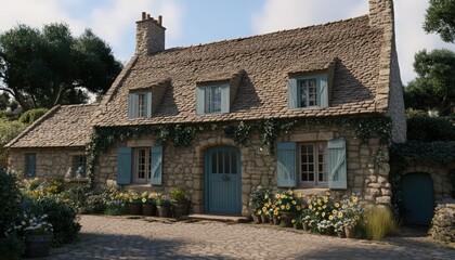 Charming Stone Cottage with Blue Shutters and Flower Garden