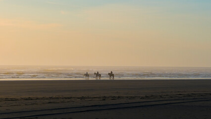 Silhouettes of riders on horseback stroll along a misty beach at sunset, creating a serene atmosphere that encapsulates the beauty of nature and companionship.