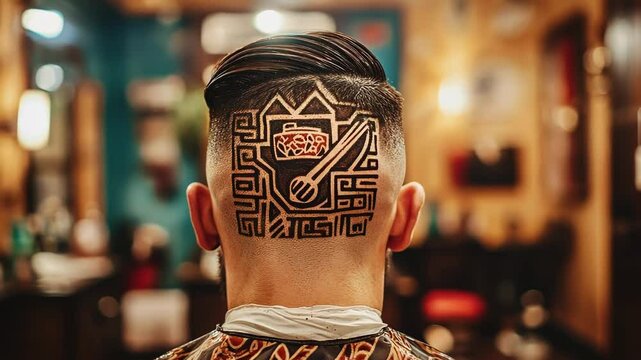 A unique tattoo design shaved into a man's haircut in a barbershop.