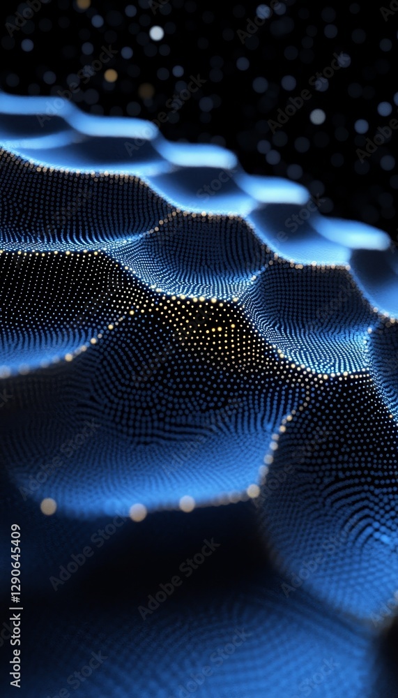 Poster blue mesh network, glowing points, futuristic technology connecting data in dark space.