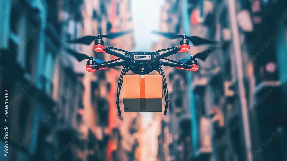 Poster top-down view of a drone navigating city streets while transporting a food package