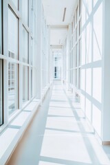 Obraz premium An empty hospital corridor featuring white walls and soft lighting, evoking a sense of calm and solitude.