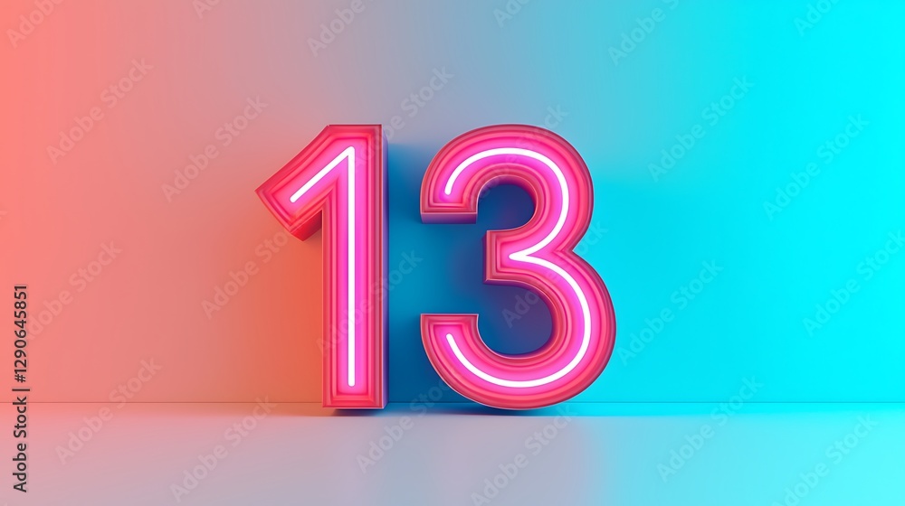 Poster neon number 13 in vibrant pink and blue against a soft gradient background, creating a modern and ey