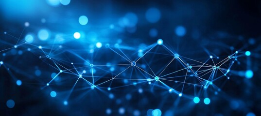 Obraz premium Abstract Network Illustration With Interconnected Nodes, Lines, And Bokeh Effects On Blue Background
