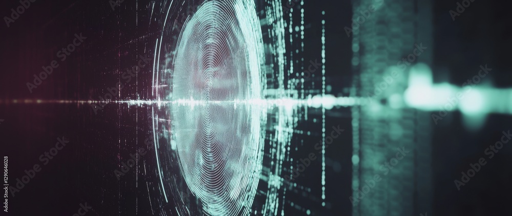 Poster abstract white lines and circles create a glitch effect in a dark room with vertical lights and shad