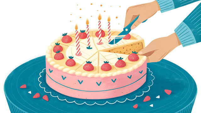 birthday bash cake memorable A person is cutting a birthday cake decorated with strawberries and candles.