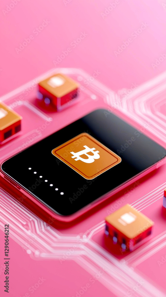 Poster a modern digital illustration featuring a bitcoin symbol on a sleek black device, surrounded by circ