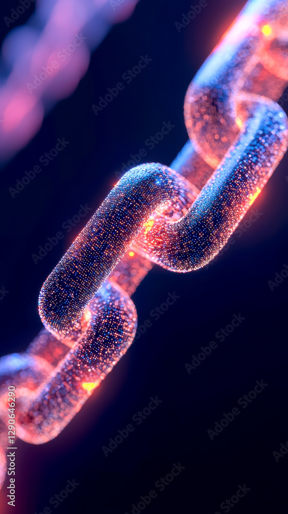 Poster a vibrant, close-up view of a glowing chain link, showcasing intricate details and a sparkly texture
