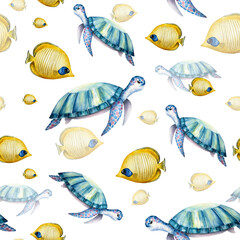 Naklejka premium Butterflyfish and sea turtle seamless pattern. Colorful tropical fish. Watercolor hand drawn illustration isolated on background. For designers, postcards, greetings, birthday, calendar, wallpapers