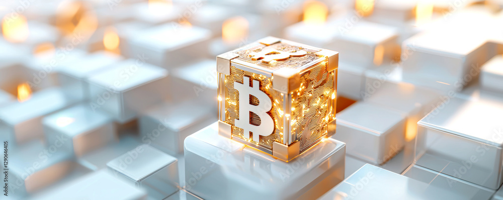 Poster a glowing bitcoin block stands out amidst a futuristic, abstract background of white cubes, symboliz