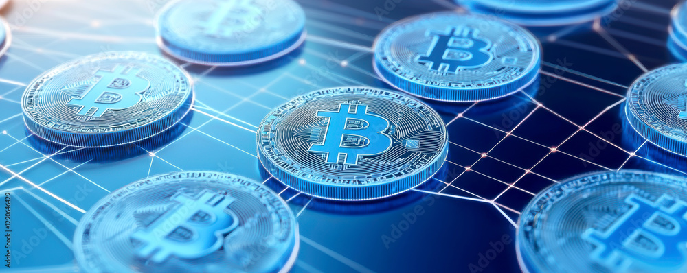 Poster the image showcases a collection of blue bitcoin coins arranged on a digital network background, rep