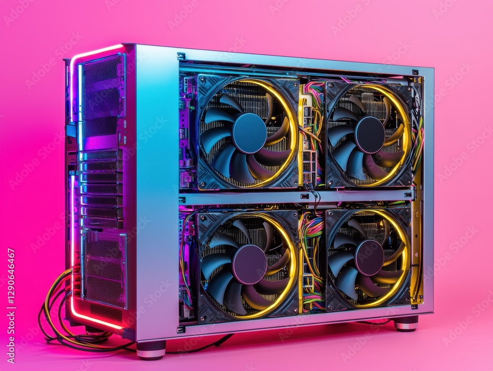 Poster a modern computer setup featuring a stylish pc case with multiple cooling fans, illuminated with vib