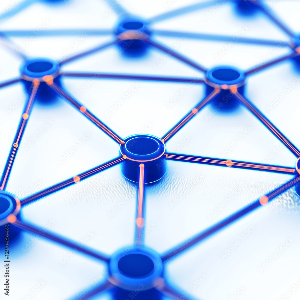 Poster a close-up view of a blue and orange network structure, showcasing nodes and connections in a modern
