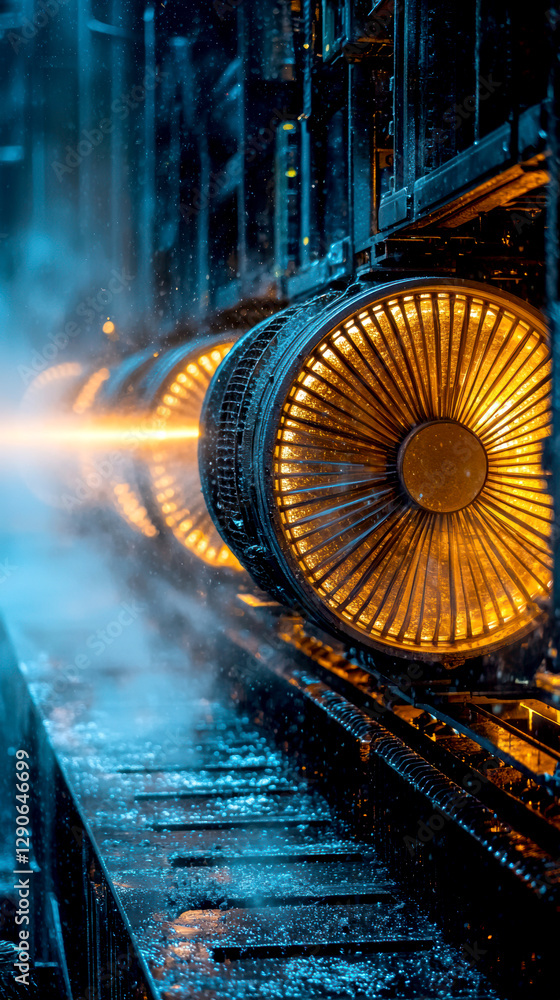 Poster a close-up view of a turbine-like structure, illuminated with an orange glow, surrounded by mist and