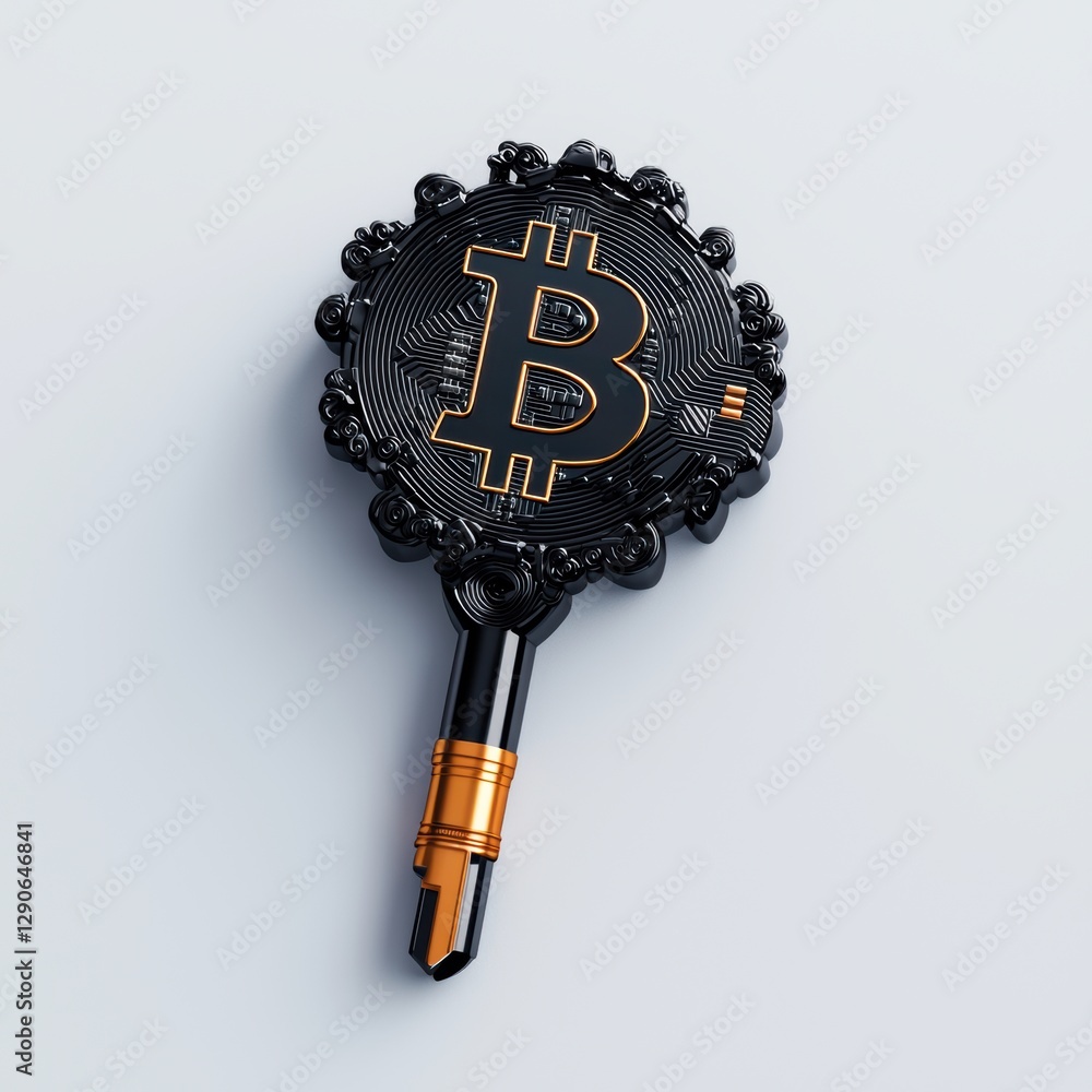 Poster a bitcoin-themed key with intricate designs, symbolizing digital currency and security.