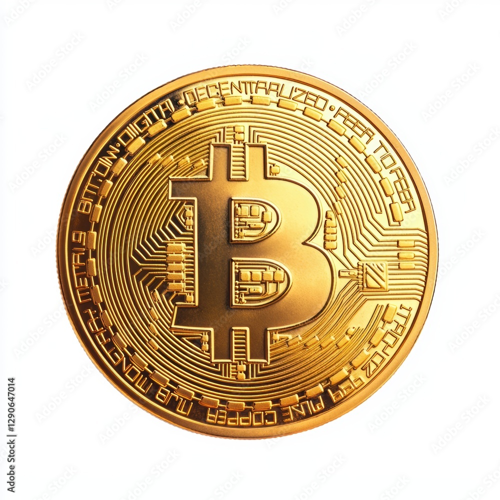 Poster a shiny gold bitcoin coin showcasing its iconic symbol and intricate circuit design, representing di