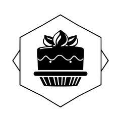Cake Icon inside hexagon, black background, bakery design, vector graphic.