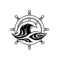 Simple, bold black and white vector illustration of a ship's wheel and waves.