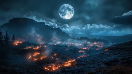 A surreal night scene with a glowing full moon, smoky clouds drifting over a rugged landscape filled with glowing embers.