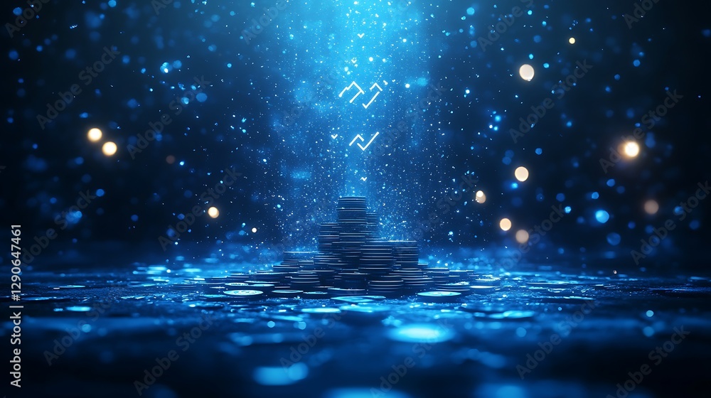 Poster digital stack of coins in blue light, a stack of coins illuminated by a blue digital background with