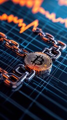Fototapeta premium A close-up of a Bitcoin on a chain, symbolizing cryptocurrency and blockchain technology, against a backdrop of a fluctuating market graph.