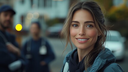 Obraz premium Attractive Young Woman Smiling Outdoors in City Setting