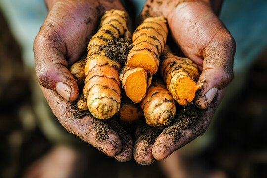 Hands holding fresh turmeric roots, showcasing rich soil particles for a vibrant, earthy touch.