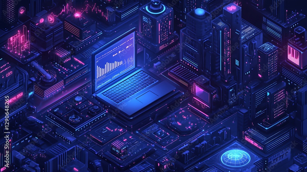 Poster futuristic digital interface with data visualizations, a futuristic digital interface with glowing b