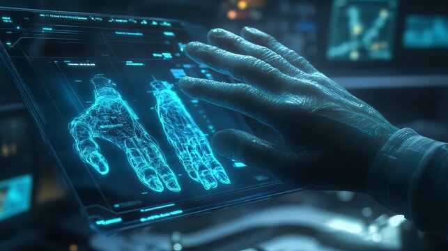 Futuristic Hand Interacting with Digital Hologram Advanced Technology Interface Science Fiction Medical Scan Wireframe Mesh Network Digital Anatomy   