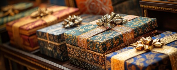 Exquisite luxury merchandise elegantly wrapped in ornate gift boxes with a shiny finish, perfect for special occasions.