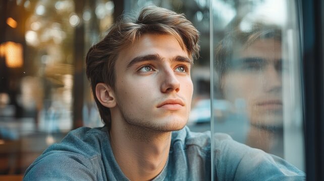 Contemplative young man gazing out the window, lost in thought and reflection.