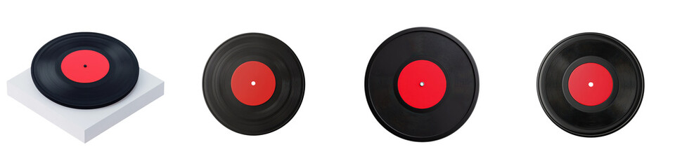 Assortment of Vintage Vinyl Music Records with Red Centers Displayed on a Plain White Background Evoking Nostalgia for Analog Audio and Retro Entertainment
