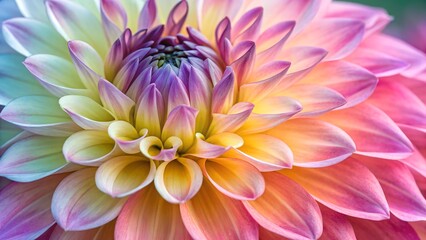 Obraz premium Blooming Dahlia: Close-up shot of a vibrant dahlia flower with a gradient of colors from yellow, orange, pink, purple, and blue, radiating beauty and a sense of wonder.
