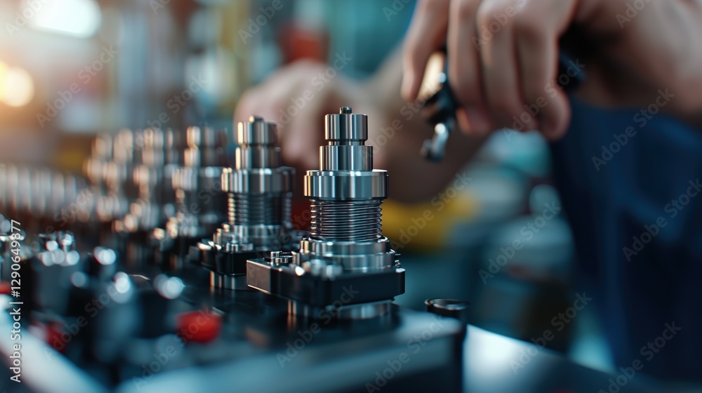 Poster close-up of a technician working on precision mechanical components in a modern industrial workshop 