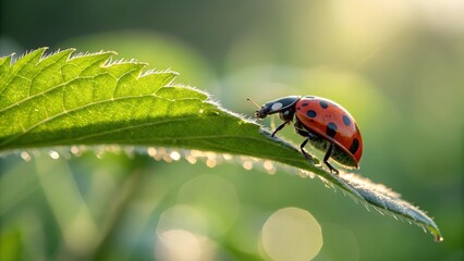 Ladybug on Leaf: A vibrant ladybug with its iconic red and black spotted shell delicately perches on a lush green leaf, basking in the soft sunlight.