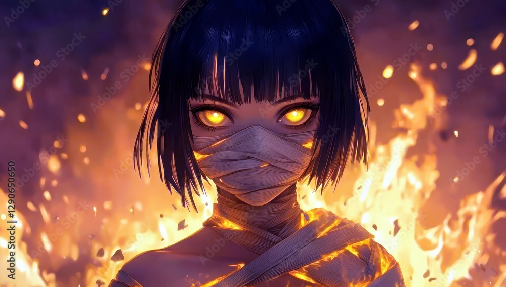 Poster mysterious animated character with fiery background and striking eyes emerging from flames, symboliz