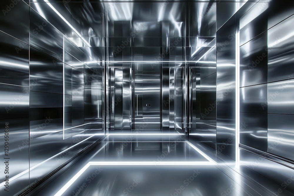 Poster modern and futuristic interior of a shiny metallic corridor with unique architectural design and ref