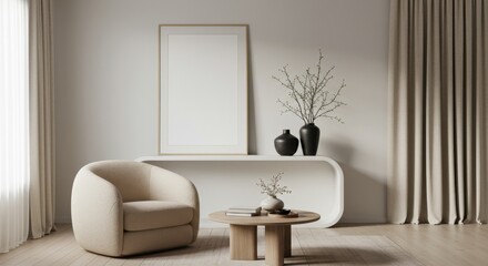 Minimalist interior design of modern living room with blank empty frame mock-up design. Artwork, poster, art print, wall art mockup. 