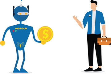 AI robot hand giving dollar money to businessman